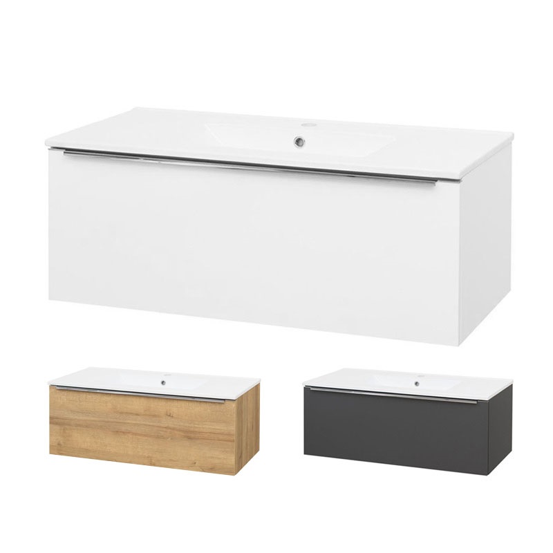 Mailo, koupelnová skříňka s keramickým umyvadlem, dub, 1 zásuvka, 1010x470x480 mm