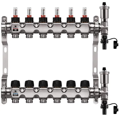 WIGELL Nerezový rozdělovač  6 okruhů, pro podlahového topení  s hlavicemi a průtokoměry