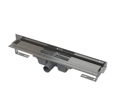 ALCAPLAST Sprchový liniový žlab nerezový, s okrajem a nastavitelným límcem ke stěně, pro perforovaný rošt, délka 850 mm APZ4-850