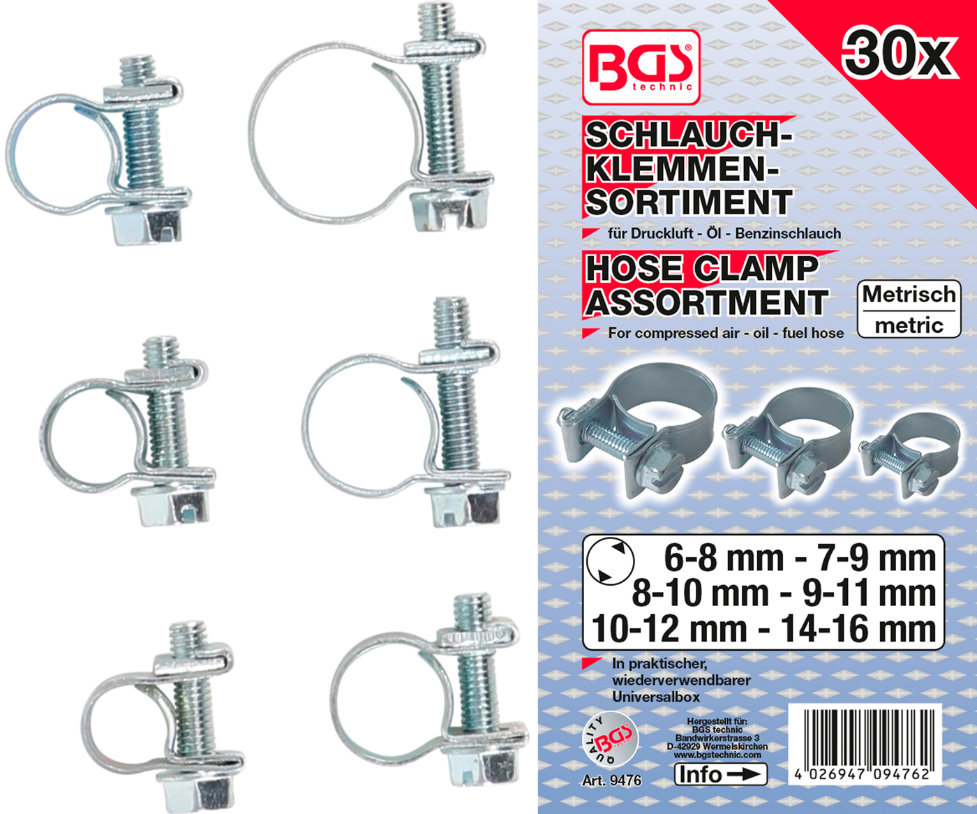 Bgs spony hadicové 6-8 až 14-16 mm, ocel, sada 30 ks