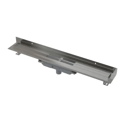 ALCAPLAST Sprchový liniový žlab nerezový, s okrajem a pevným límcem ke stěně, pro plný rošt, svislý odtok, délka 1050 mm APZ1116-1050