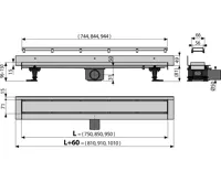 ALCAPLAST Podlahový žlab s okrajem pro oboustranný rošt a s pevným límcem ke stěně APZ23-DOUBLE9-750 (1)