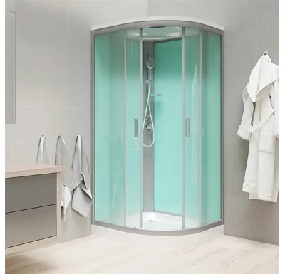 Sprchový box, čtvrtkruh, 90 cm, R550, profily satin, sklo Point, SMC vanička, se stříškou