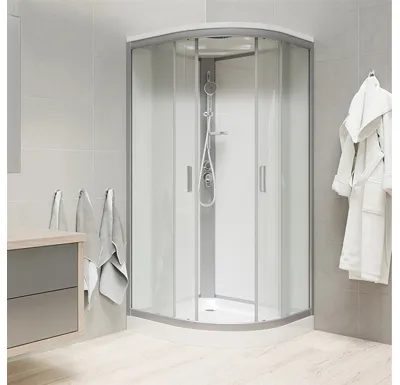 Sprchový box, čtvrtkruh,100 cm, R550, profily satin, sklo Point, záda bílá,se stříškou, litá vanička