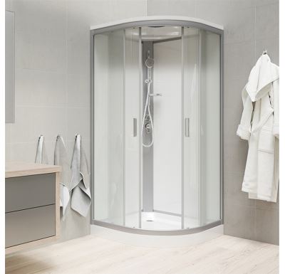 Sprchový box, čtvrtkruh, 80 cm, satin ALU, sklo Point, zadní stěny bílé, litá vanička, se stříškou