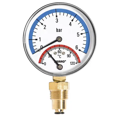 Termomanometr 80mm, 0-6 bar, 0-120°C, radiál, spodní vývod 1/2"