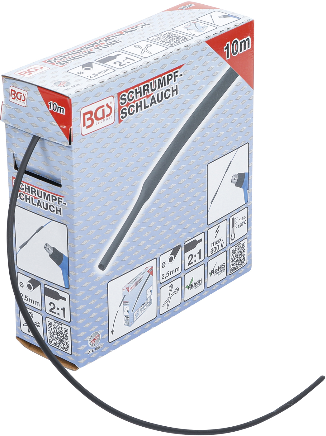 Bgs teplem smrštitelná trubička v krabici, černá, o 2,5 mm, 10 m