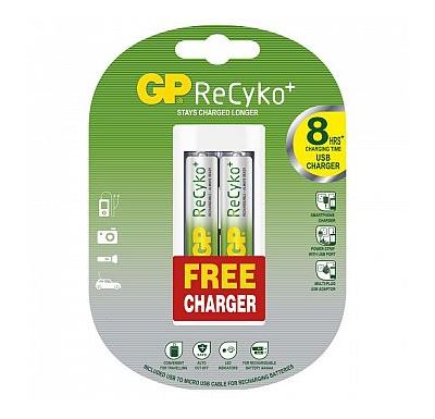 GP Batteries Nabíječka baterií + 2 ks GP NiMH ReCyko+ AA, 2 000 mAh + USB adaptér do auta