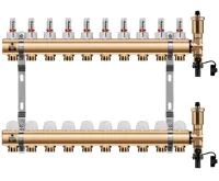 WIGELL Mosazný rozdělovač 10 okruhů, pro podlahového topení  s hlavicemi a průtokoměry