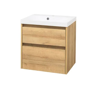 Opto, koupelnová skříňka, umyvadlo z litého mramoru, dub, 2 zásuvky, 610x580x460 mm