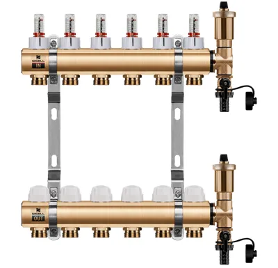 WIGELL Mosazný rozdělovač  6 okruhů, pro podlahového topení  s hlavicemi a průtokoměry