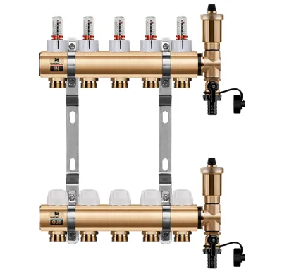 WIGELL Mosazný rozdělovač  5 okruhů, pro podlahového topení  s hlavicemi a průtokoměry