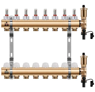 WIGELL Mosazný rozdělovač  8 okruhů, pro podlahového topení  s hlavicemi a průtokoměry