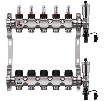 WIGELL Nerezový rozdělovač  5 okruhů, pro podlahového topení  s hlavicemi a průtokoměry