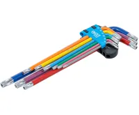 BGS Sada zahnutých klíčů, vícebarevné, extra dlouhé, T-profil (pro Torx) s otvorem T10 - T5 BGS Sada zahnutých klíčů, vícebarevné, extra dlouhé, T-profil (pro Torx) s otvorem T10 - T5