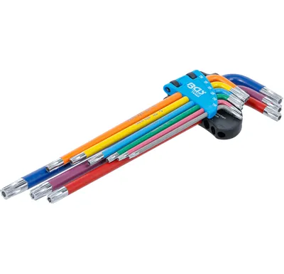 BGS Sada zahnutých klíčů,  vícebarevné,  extra dlouhé,  T-profil (pro Torx) s otvorem T10 - T5