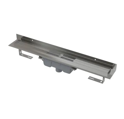 ALCAPLAST Sprchový liniový žlab nerezový, s okrajem a pevným límcem ke stěně, pro plný rošt, svislý odtok, délka 1150 mm APZ1016-1150