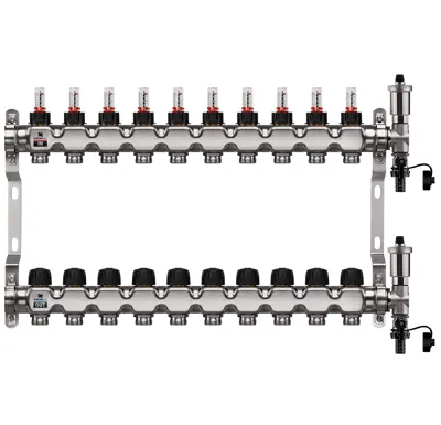 WIGELL Nerezový rozdělovač 10 okruhů, pro podlahového topení  s hlavicemi a průtokoměry