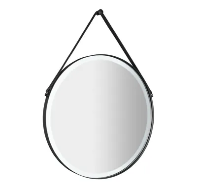 SAPHO ORBITER kulaté zrcadlo s LED osvětlením ø 60cm, kožený pásek, černá mat