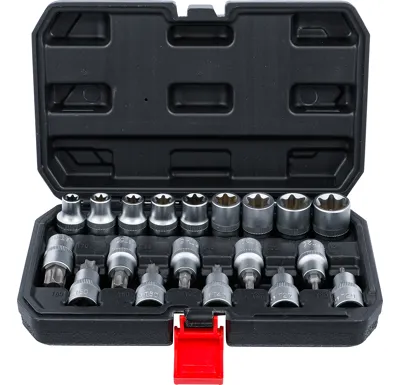 BGS Hlavice zástrčné T-profil T20-T70 + hlavice nástrčné 1/2" E-profil, sada 19 dílů