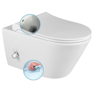 SAPHO AVVA CLEANWASH závěsná WC mísa, Rimless, integrovaná baterie a bidet. sprška, 35,5x53cm, bílá