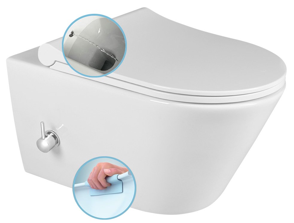 SAPHO AVVA CLEANWASH závěsná WC mísa, Rimless, integrovaná baterie a bidet. sprška, 35,5x53cm, bílá
