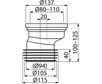 ALCAPLAST Dopojení k volně stojícímu WC, excentrické 20 mm, 110 mm, délka 125 mm, PP, bílé A991-20 (1)