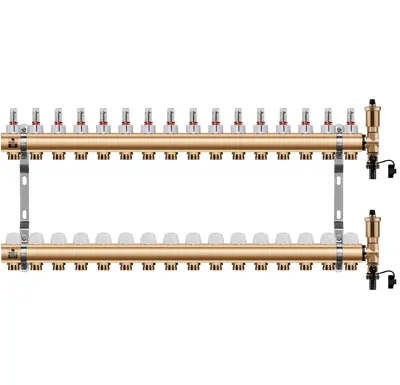 WIGELL Mosazný rozdělovač 16 okruhů, pro podlahového topení  s hlavicemi a průtokoměry