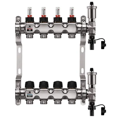WIGELL Nerezový rozdělovač  4 okruhy, pro podlahového topení  s hlavicemi a průtokoměry