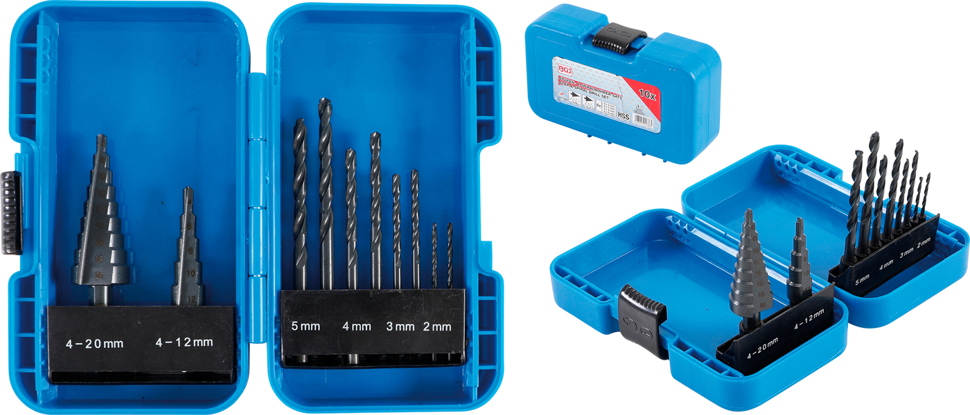 Bgs vrtáky spirálové a kónické , hss, o 4 - 12 / 4 - 20 mm, 2 - 5 mm, 10dílná