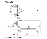 Nástěnná baterie do byt. jádra, Sonáta, 100 mm, s trubkovým ramínkem 330 mm, bez příslušentví, chrom (2)