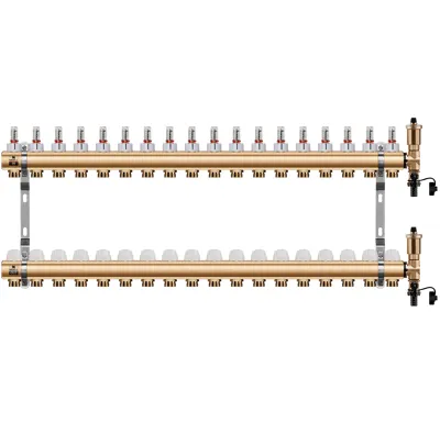 WIGELL Mosazný rozdělovač 18 okruhů, pro podlahového topení  s hlavicemi a průtokoměry