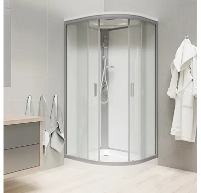 Sprchový box, čtvrtkruh, 90cm, R550, profily satin, sklo Point, záda bílá, SMC vanička, se stříškou