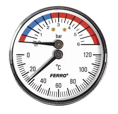 Termomanometr 63mm 0-6 bar, 0-120°C, axiální, zadní vývod 1/2"