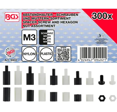BGS Šrouby pro distanční prvky a šestihranných matic, nylon, 300dílná