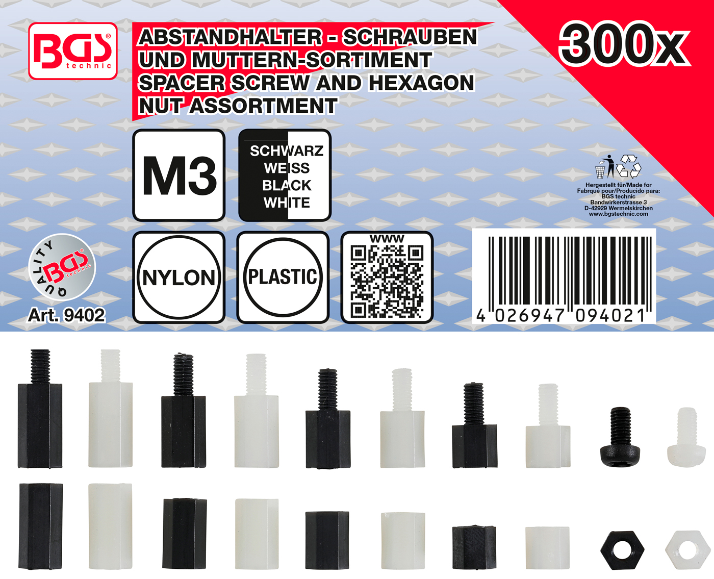 Bgs šrouby pro distanční prvky a šestihranných matic, nylon, 300dílná