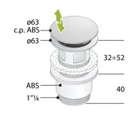 BRUCKNER Umyvadlová výpust 5/4“, click-clack, velká zátka, 32-52mm, ABS/chrom (3)