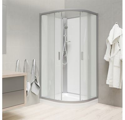 Sprchový box bez střechy, čtvrtkruh, 90 cm, R550, profily satin, sklo Point, záda bílá, litá vanička