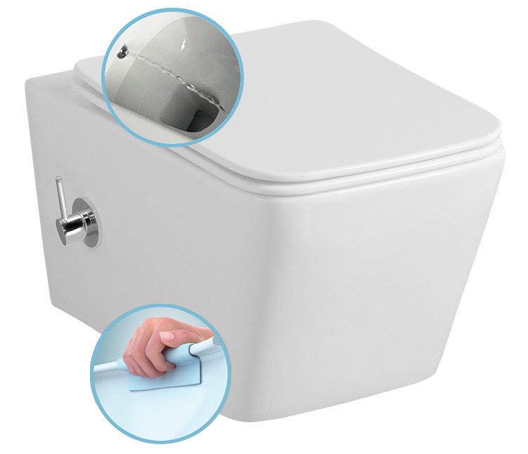 SAPHO PORTO CLEANWASH závěsná WC mísa Rimless, integrovaná baterie a bidet. sprška, 36x5cm, bílá