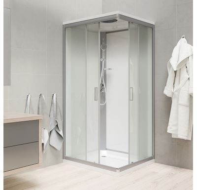 Sprchový box, čtvercový, 90 cm, profily satin, sklo Point, záda bílá, litá vanička, se stříškou