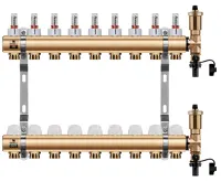 WIGELL Mosazný rozdělovač  9 okruhů, pro podlahového topení  s hlavicemi a průtokoměry