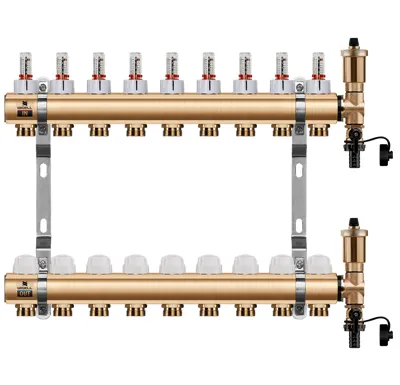 WIGELL Mosazný rozdělovač  9 okruhů, pro podlahového topení  s hlavicemi a průtokoměry