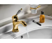 SAPHO KIRKÉ WHITE stojánková umyvadlová baterie s výpustí, bílá páčka, zlato (4)