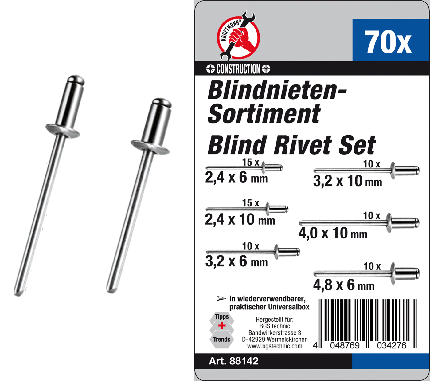 Bgs nýty trhací, 2,4-4,8 mm, sada 70 dílů