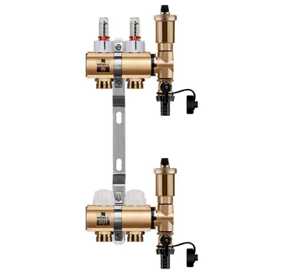 WIGELL Mosazný rozdělovač  2 okruhy, pro podlahového topení  s hlavicemi a průtokoměry