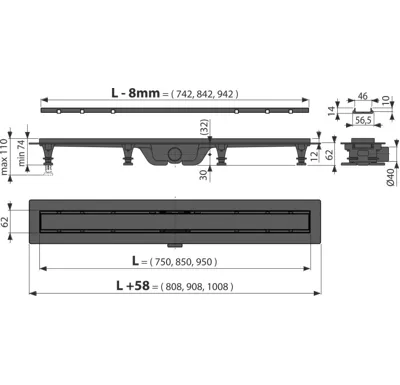 ALCAPLAST Sprchový liniový žlab plastový, s okrajem a oboustranným roštem (plný / vložení dlažby), černá-mat, délka 850 mm APZ19BLACK-850
