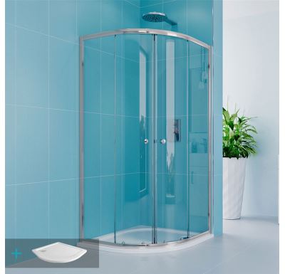 Sprchový set: sprchový kout, čtvrtkruh, 90x185 cm, R550, chrom ALU, sklo čiré, SMC vanička nízká