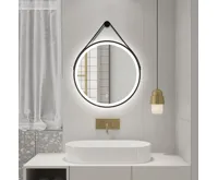 AQUALINE STAGO kulaté zrcadlo s LED osvětlením ø 60cm, kožený pásek, dotykový senzor, stmívatelné, černá mat (3)
