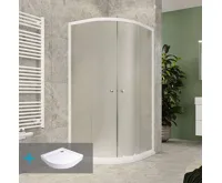 Sprchový set z Kory Lite, čtvrtkruh, 90 cm, bílý ALU, sklo Grape a vysoké SMC vaničky Sprchový set z Kory Lite, čtvrtkruh, 90 cm, bílý ALU, sklo Grape a vysoké SMC vaničky