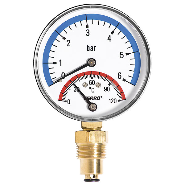 Termomanometr 80mm, 0-6 bar, 0-120°c, radiál, spodní vývod 1/2"